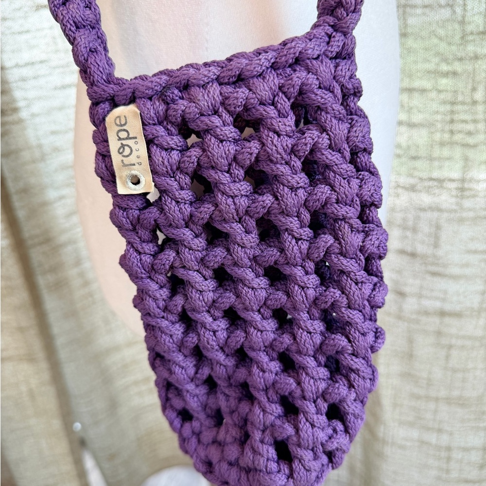 rope crochet crossbody water bottle holder in purple